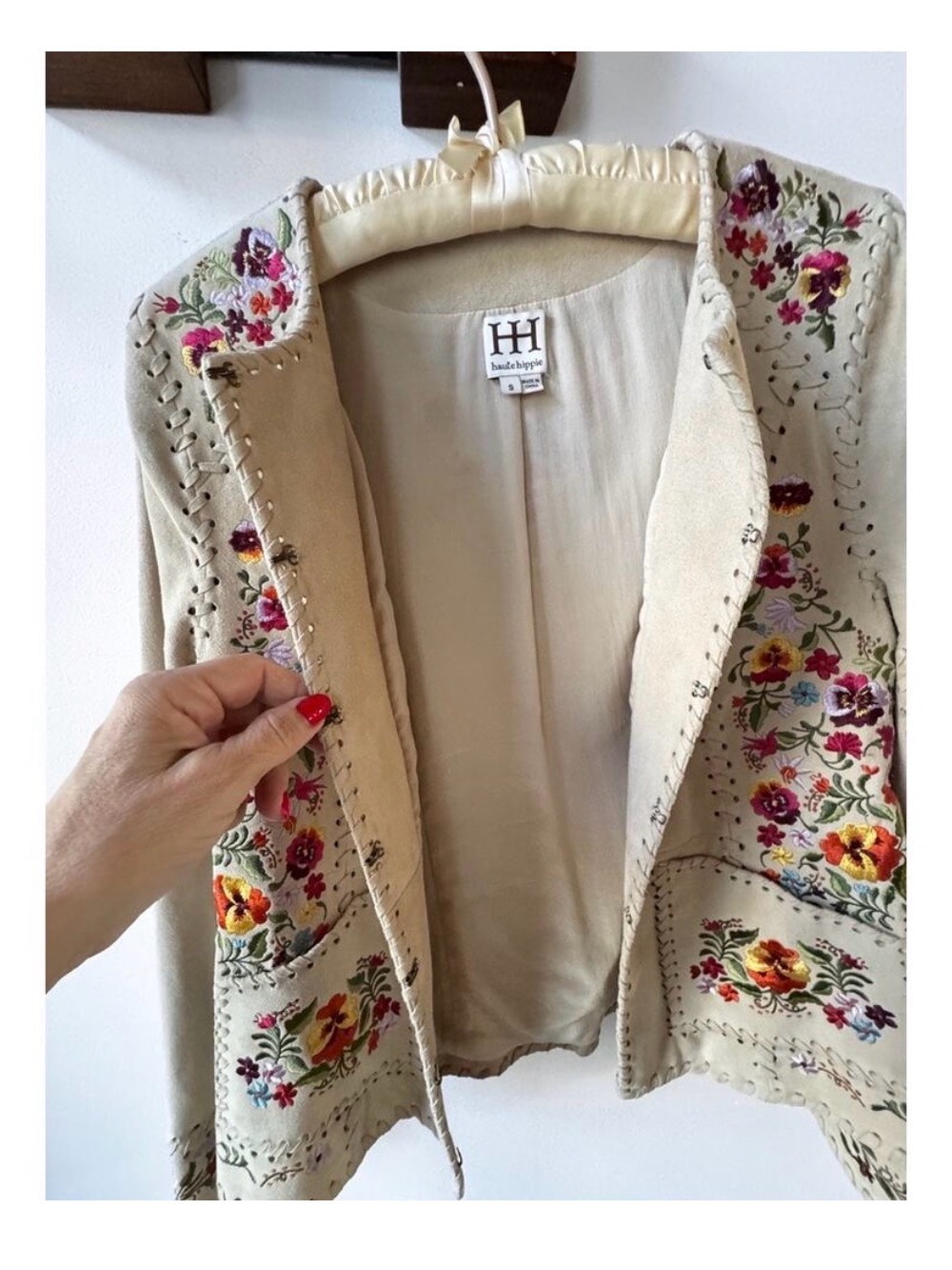 Embroidered Goat Suede Jacket Floral Boho Silk Lined Haute Hippie Whipstitch - Picture 5 of 11